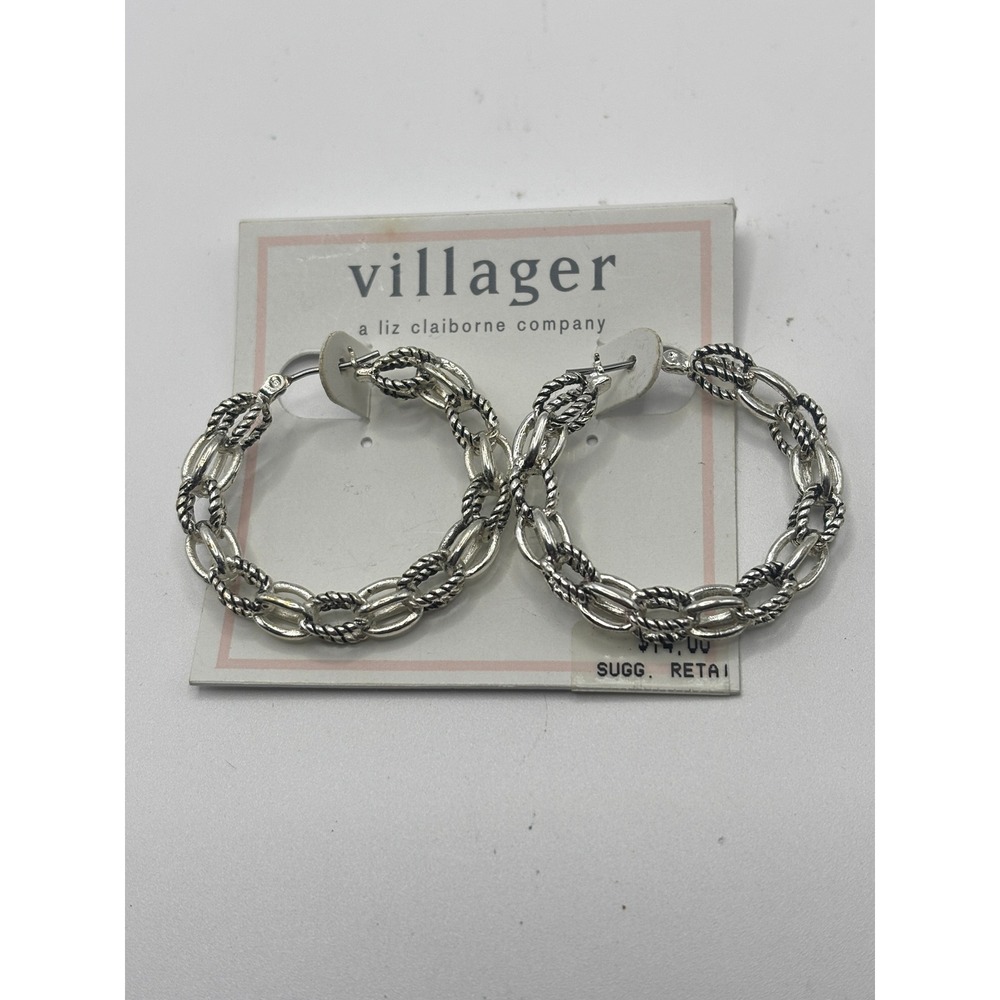 Villager Liz Claiborne Silver Tone Textured Double Chain Link Hoop Earrings NWT